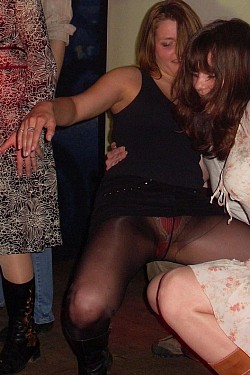 Hottest party with sexy girls flashes her pantyhosed pussy